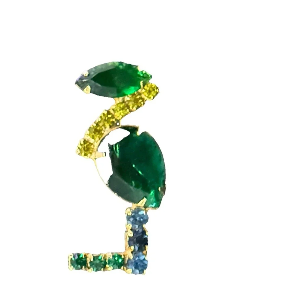 Vintage Style Rhinestone Flamingo Brooch Pin Green Gold Blue